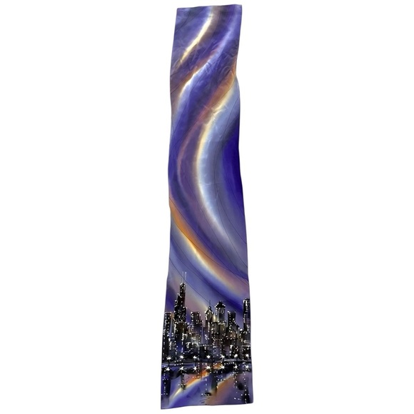 Hand Painted 100% Silk Scarf, Purple Blue City Skyline Print Wearable Art Wrap - Picture 7 of 8